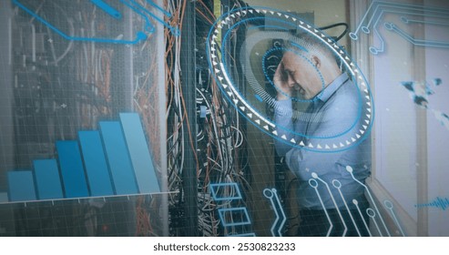 Image of data processing over caucasian server room worker. Global science, connections, data processing and digital interface concept digitally generated image.