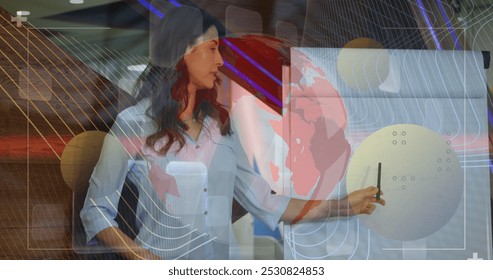 Image of data processing over caucasian businesswoman at meeting. Global business and digital interface concept digitally generated image. - Powered by Shutterstock