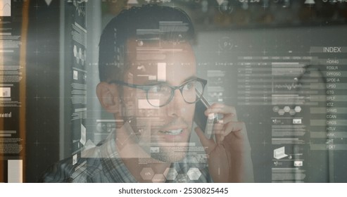 Image of data processing over caucasian businessman talking on smartphone. Global business and digital interface concept digitally generated image.