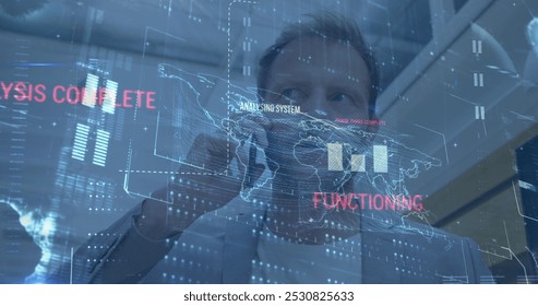Image of data processing over caucasian businessman talking on smartphone. Global business and digital interface concept digitally generated image.