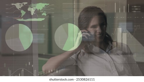 Image of data processing over caucasian businesswoman talking on smartphone. Global business and digital interface concept digitally generated image.