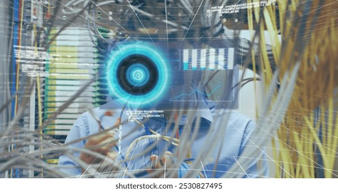 Image of data processing over caucasian male it engineer fixing cables of computer server. global connections, data processing and computing concept digitally generated image.