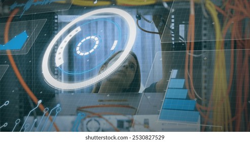 Image of data processing over caucasian female it engineer fixing cables of computer server. global connections, data processing and computing concept digitally generated image.
