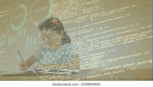 Image of data processing over caucasian girl writing. Global education and digital interface concept digitally generated image.