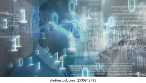 Image of data processing over caucasian man talking on smartphone against clouds in the sky. Computer interface and business data storage technology concept