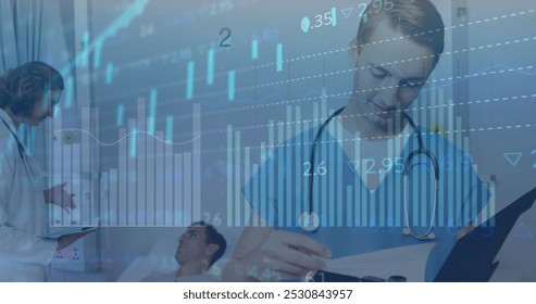 Image of data processing over caucasian doctors with patient. Global medicine and digital interface concept digitally generated image.