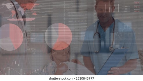 Image of data processing over caucasian doctors with patient. Global medicine and digital interface concept digitally generated image.
