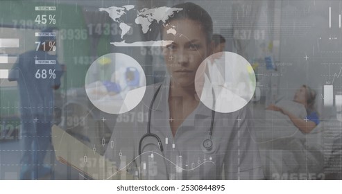 Image of data processing over caucasian doctors treating patient. Global medicine and digital interface concept digitally generated image.