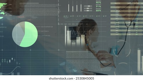 Image of data processing over caucasian male doctor treating patient. Global medicine and digital interface concept digitally generated image.