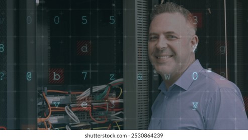 Image of data processing over caucasian server room worker. Global connections, data processing and digital interface concept digitally generated image.