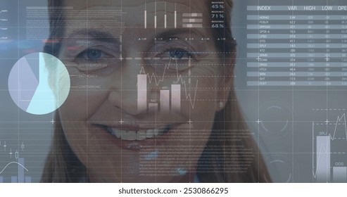 Image of data processing over caucasian female doctor. Global medicine, computing and digital interface concept digitally generated image.