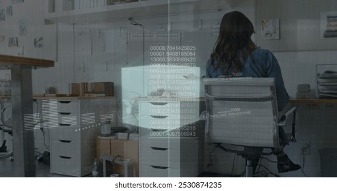 Image of data processing over caucasian businesswoman at office. Global business, computing and digital interface concept digitally generated image.