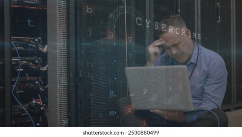 Image of data processing over caucasian server room worker. Global connections, data processing and digital interface concept digitally generated image.