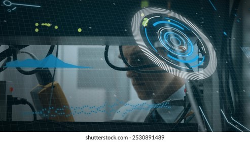 Image of data processing over caucasian male engineer checking wires. computers, network, data processing, technology and digital interface concept digitally generated image.