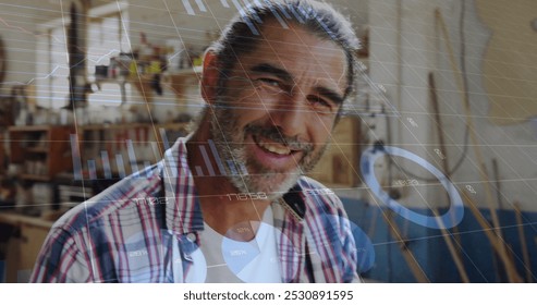 Image of data processing over caucasian male carpenter working in workshop. Global communication, work and digital interface concept digitally generated image.