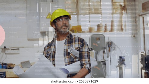 Image of data processing over caucasian male architect holding plans in studio. Global communication, work and digital interface concept digitally generated image.