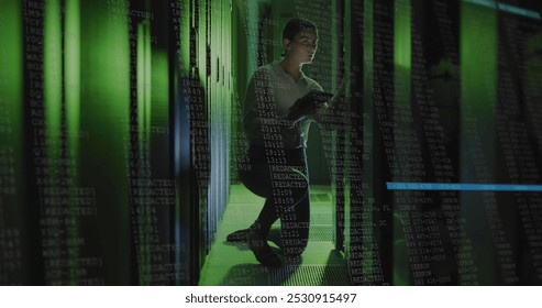 Image of data processing over caucasian female it engineer with tablet checking computer servers. data processing, cloud computing concept and technology concept digitally generated image.