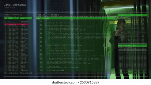 Image of data processing over caucasian female it engineer with tablet checking computer servers. data processing, cloud computing concept and technology concept digitally generated image.