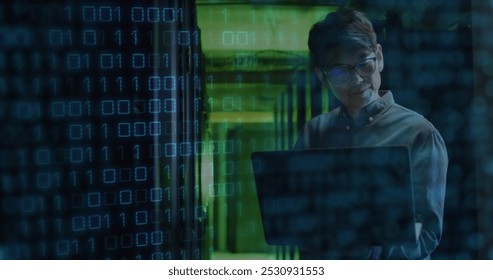 Image of data processing over caucasian woman using tablet inserver room. Cloud computing, digital interface and security concept digitally generated image.