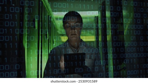 Image of data processing over caucasian woman using tablet inserver room. Cloud computing, digital interface and security concept digitally generated image.