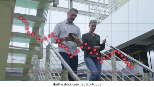 Image of data processing over caucasian business people in office. Global business and digital interface concept digitally generated image.