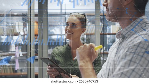 Image of data processing over caucasian business people in office. Global business and digital interface concept digitally generated image.