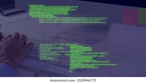 Image of data processing over caucasian man using computer. Global connections, computing, digital interface and data processing concept digitally generated image.