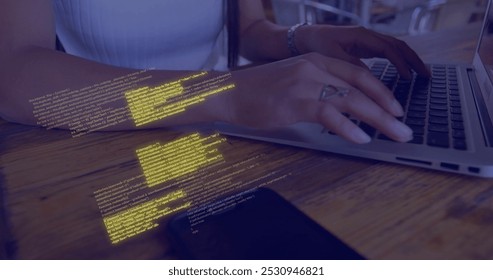 Image of data processing over caucasian woman using laptop. Global connections, computing, digital interface and data processing concept digitally generated image.