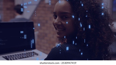 Image of data processing over caucasian woman using laptop. Global connections, computing, digital interface and data processing concept digitally generated image.