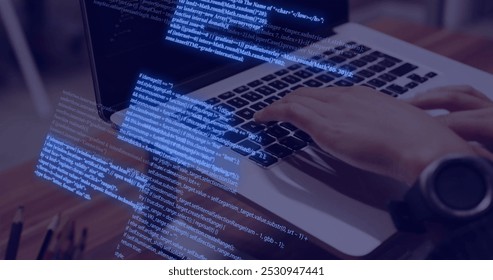 Image of data processing over caucasian woman using laptop. Global connections, computing, digital interface and data processing concept digitally generated image.