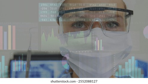 Image of data processing over caucasian female doctor. Global social media, communication and digital interface concept digitally generated image.