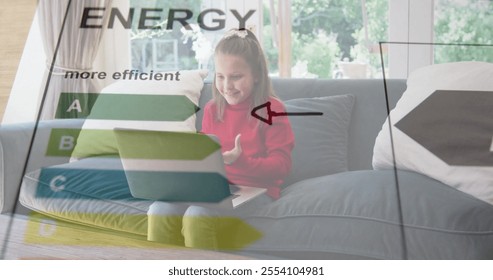 Image of data processing over caucasian girl using laptop. Childhood, finances, communication and digital interface concept digitally generated image.