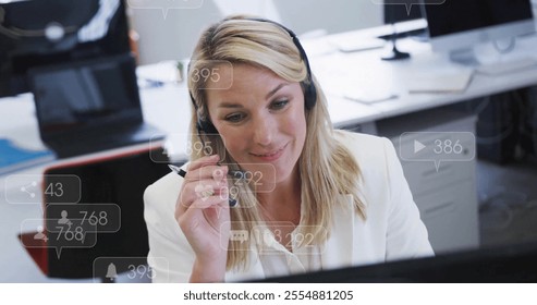 Image of data processing over caucasian businesswoman using phone headset in office. Global social media, business and digital interface concept digitally generated image. - Powered by Shutterstock