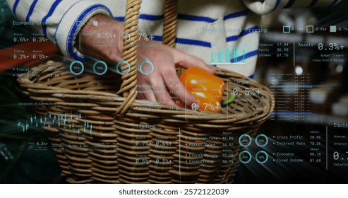 Image of data processing over caucasian man shopping. Technology, shopping and digital interface concept digitally generated image.