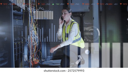 Image of data processing over caucasian female it engineer by computer servers. Global finance, business, connections, computing and data processing concept digitally generated image.