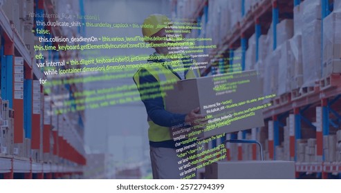 Image of data processing over caucasian man working in warehouse. Global shipping, finance, business, connections, computing and data processing concept digitally generated image.