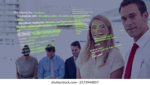 Image of data processing over caucasian colleagues talking in office. Technology, business and digital interface concept digitally generated image.