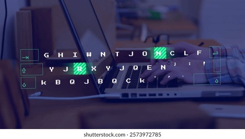 Image of data processing over caucasian businesswoman using laptop. Global finance, business, connections, computing and data processing concept digitally generated image.