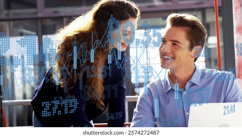 Image of data processing over caucasian colleagues talking in office. Business, technology and digital interface concept digitally generated image.