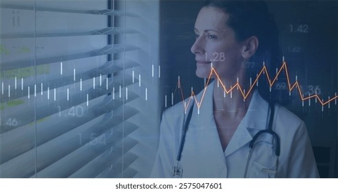 Image of data processing over caucasian female doctor. Global medicine, connections, computing and data processing concept digitally generated image.