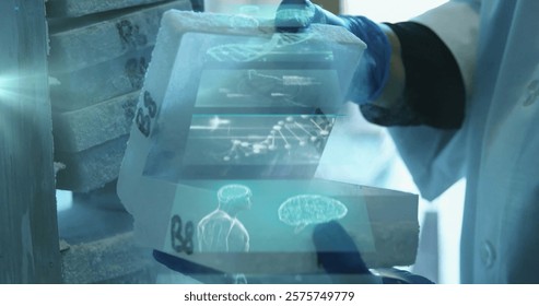 Image of data processing over caucasian male scientist in laboratory. Global science, connections, computing and data processing concept digitally generated image.
