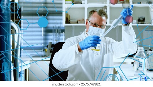 Image of data processing over caucasian male scientist in laboratory. Global science, connections, computing and data processing concept digitally generated image.