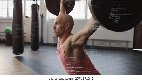 Image of data processing over caucasian sportsman lifting weight bar at gym. Technology, sport and digital interface concept digitally generated image.