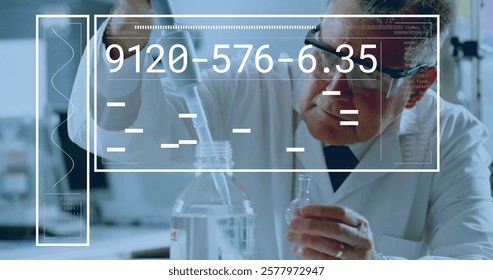 Image of data processing over caucasian male scientist in laboratory. Global science, connections, computing and data processing concept digitally generated image.