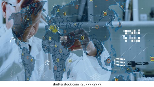 Image of data processing over caucasian male scientist in laboratory. Global science, connections, computing and data processing concept digitally generated image.