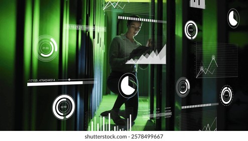 Image of data processing over caucasian female worker using tablet in server room. Technology and digital interface concept digitally generated image.