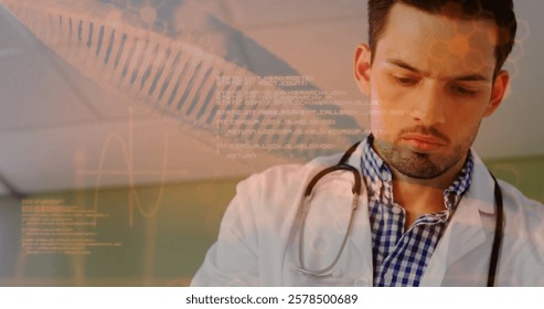 Image of data processing over caucasian male doctor holding file. Medicine and digital interface concept digitally generated image.