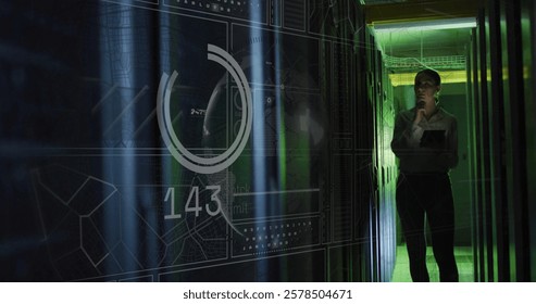 Image of data processing over caucasian female it technician with tablet over computer servers. Global connections, computing and data processing concept digitally generated image.