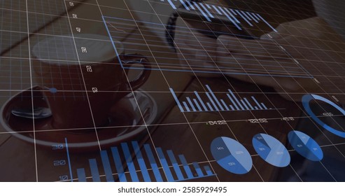 Image of data processing over caucasian man using smartphone. Global business, connections, computing and data processing concept digitally generated image.