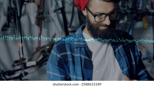 Image of data processing over caucasian man using tablet. Global communication, computing and digital interface concept digitally generated image.